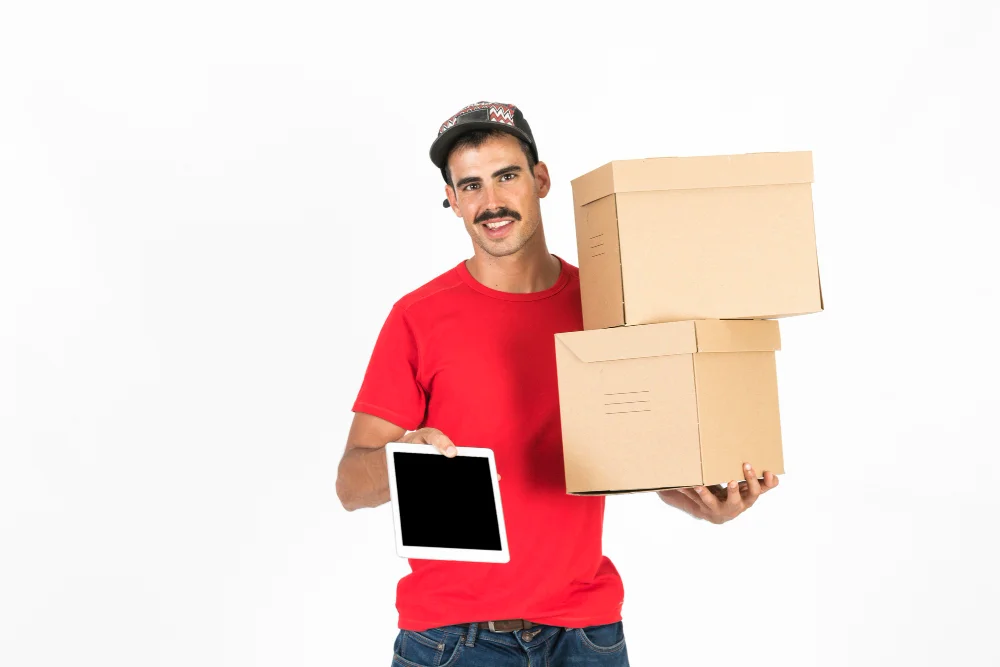 Ecom Express courier delivery professional holding boxes and tablet, representing reliable and efficient package delivery services by Ashoka Computer