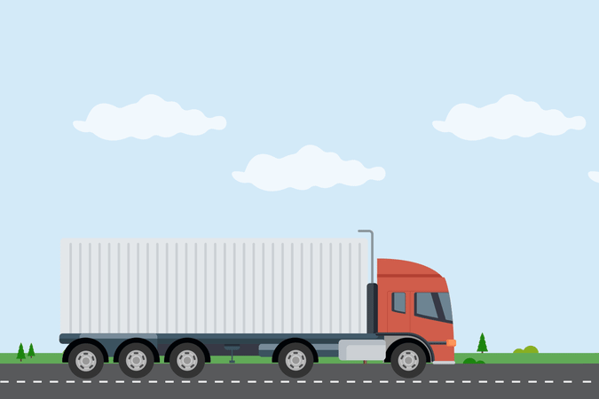 Illustration of a red cargo truck on a road under a clear blue sky, representing courier and logistics services provided by Ashoka Computer for efficient transportation and delivery solutions.