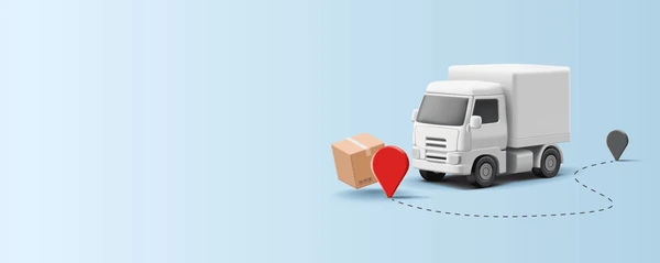 Delivery truck with a package and location markers on a blue background, representing Ecom Express courier and logistics services offered by Ashoka Computer for fast and reliable delivery solutions.