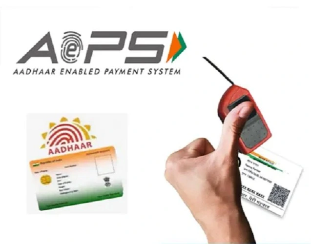 Image showcasing Aadhaar Enabled Payment System (AePS) with a biometric device, Aadhaar card, and bank details, representing the secure and efficient 'Money Withdraw Using Aadhaar Card' service available on Ashoka Computer's Mini Banking page