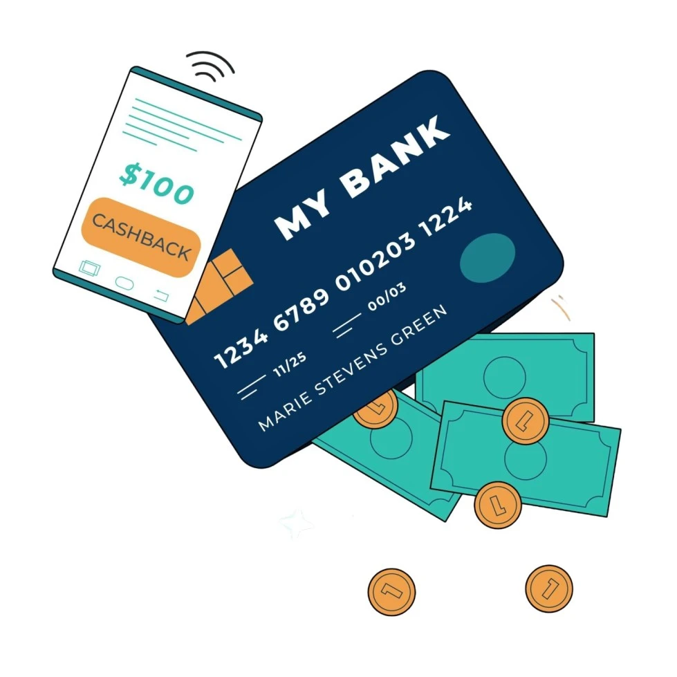 Illustration featuring a mobile phone with a cashback notification, a 'My Bank' credit card, and scattered cash and coins, representing secure and efficient financial transactions for the Mini Banking page of Ashoka Computer.