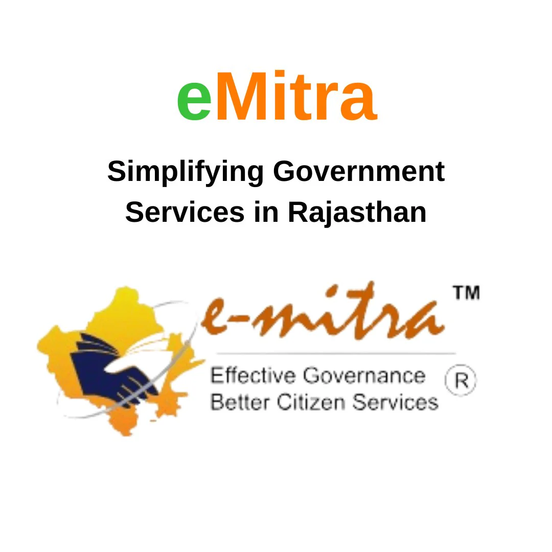 Ashoka Computer offers e-Mitra services. This logo shows the e-Mitra symbol, and it says 'Simplifying Government Services in Rajasthan.' It also mentions 'Effective Governance' and 'Better Citizen Services