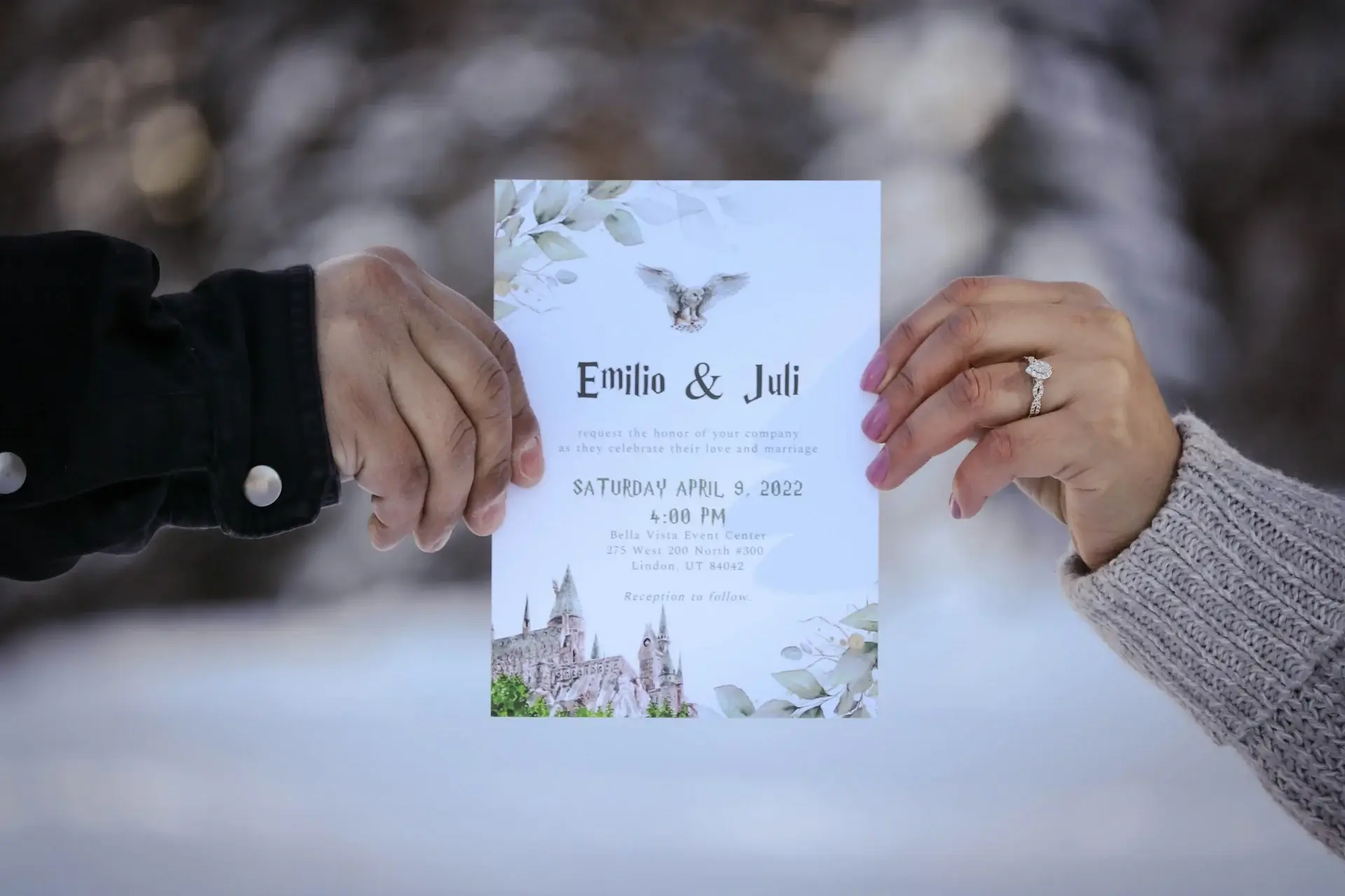 Beautifully designed wedding invitation printed on high-quality offset paper featuring a couple holding hands with a magical castle backdrop