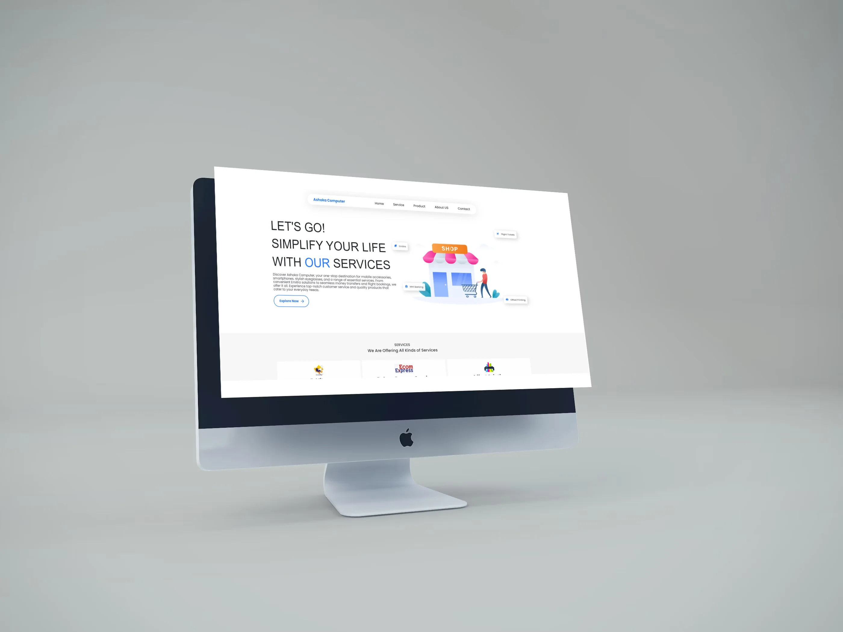 Desktop displaying Ashoka Computer's website homepage, highlighting the company's commitment to simplifying life with a wide range of tech and digital services., ashoka computer nadol