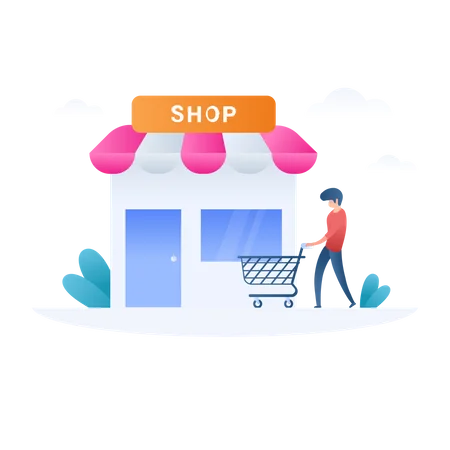 Illustration of a small shop with a customer pushing a shopping cart, representing Ashoka Computer's commitment to providing a variety of tech and digital services